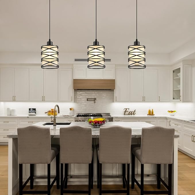 3 Pack Pendant Light Kitchen Island Pendant Lighting, Hanging Light with Spiral Cage Frosted Glass Shade, Black Modern Indoor Hanging Lamp