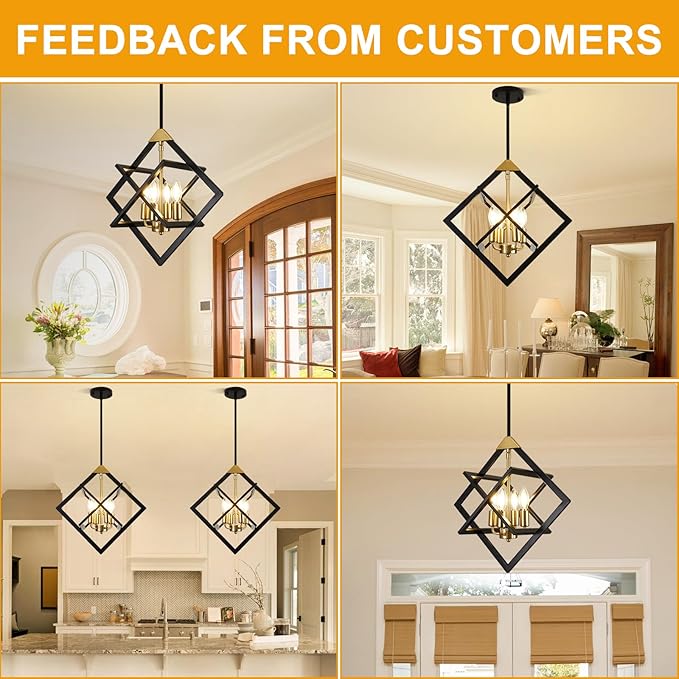 18" Modern Black and Gold Chandelier, No Assembly Required 4-Light Dining Room Light Fixture Over Table, Industrial Metal Hanging Pendant Lights Fixture for Kitchen Island, Entryway, Foyer