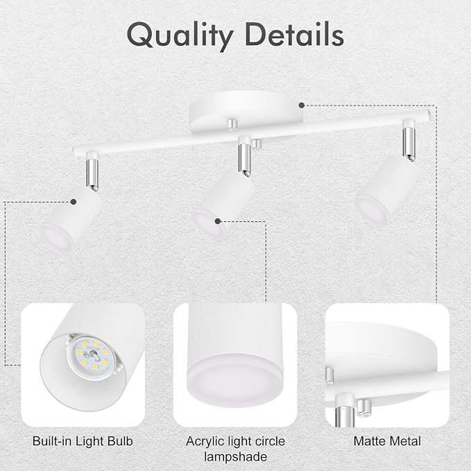 AUQUEE 3 Light Track Lighting Fixtures Ceiling, 12W/2700K White Track Lighting with Acrylic Lampshade & Rotatable Light Heads, 20000hrs Lifespan, Modern LED Track Lights Ceiling for Kitchen/Hallyway