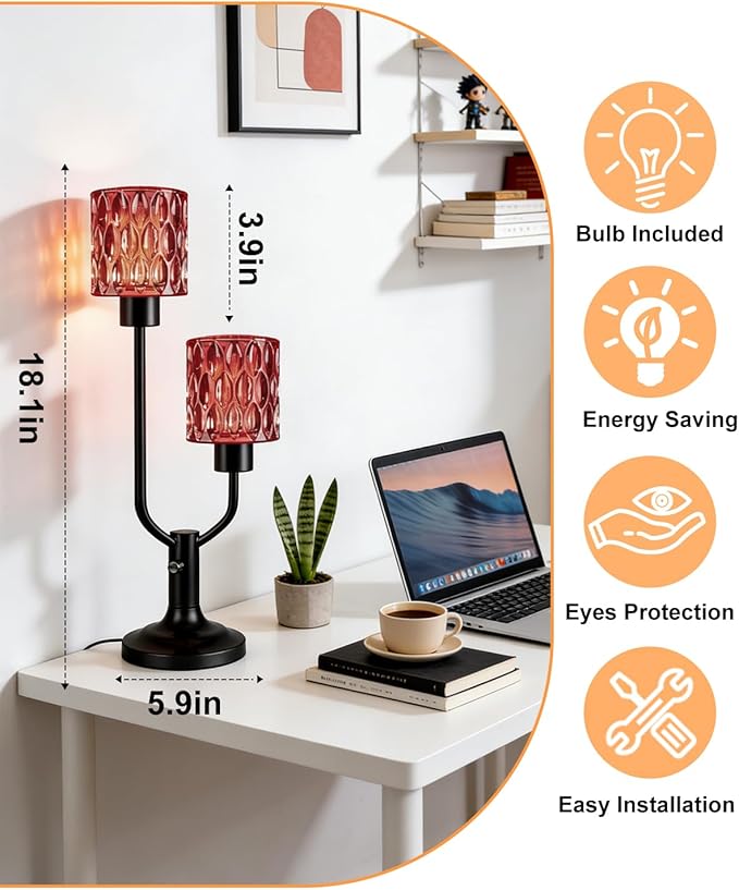 Lightdot Mid Century Modern Table Lamp Dimmable Nightstand Lamp Red Glass Vintage Black Desk Lamp 2 Bulbs Included Warmwhite Ambient Bedside Lamps for Living Room Bedroom Girls Room Home Office Decor