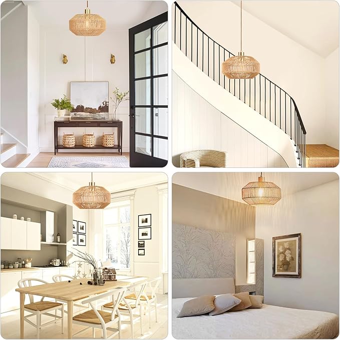 Qingmiao Boho Plug in Pendant Light, Rattan Hanging Lamp Plug in with Woven Shade, 3-Way Dimmable Hanging Light Fixture for Living Room Bedroom Kitchen Ceiling Farmhouse Home Decor
