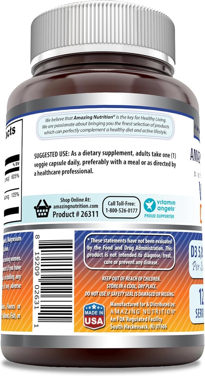 Amazing Formulas Vitamine D3 5000 UI avec Vitamine K2 100 mcg | 120 Gélules Végétales | Sans OGM | Sans Gluten | Fabriqué aux États-Unis