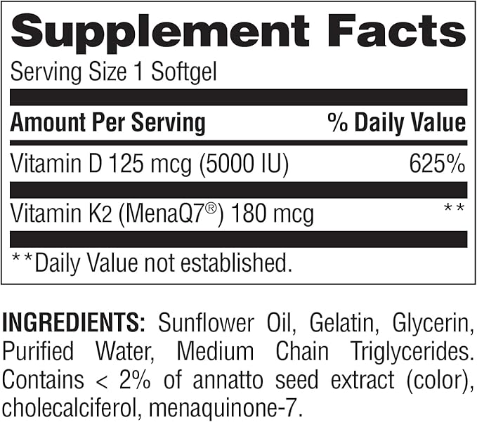 Nature's Wonder Vitamine K2 + D3 avec MenaQ7 pour la santé cardiovasculaire, cérébrale, osseuse et musculaire, 120 gélules, 120 jours d'approvisionnement