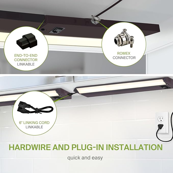 ASD Swivel LED Under Cabinet Lighting Plug in or Hardwired 24 Inch, Dimmable Under Cabinet Lights with High/Low/Off Switch, 3CCT 2700K-4000K, Linkable Under Counter Lights for Kitchen, Bronze, ETL