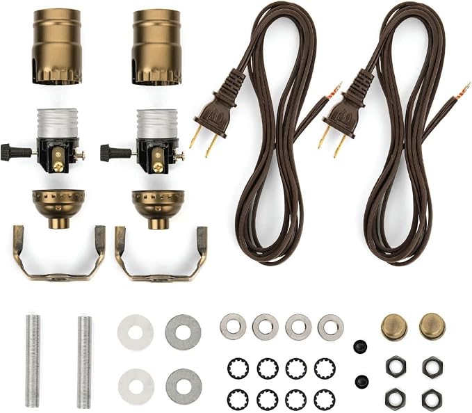 DIY Lamp Wiring Kit, Antique Brass 3-Way Socket & 12FT Brown Cord (2 Pack), for Making & Fixing Table or Floor Lamps, Repair & Rewire Vintage Lighting Fixtures, Complete Hardware Set