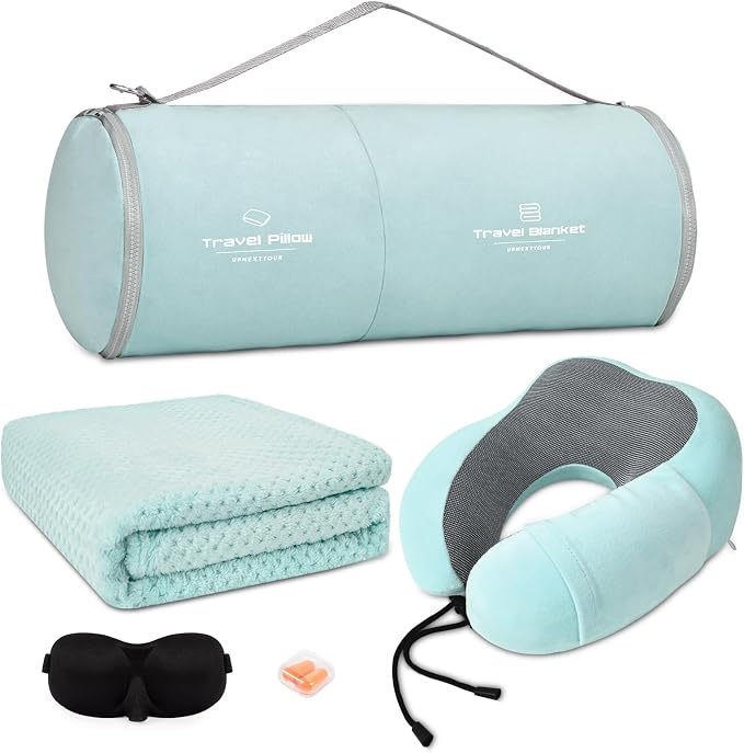 urnexttour Travel Pillow and Blanket Set Neck Pillows Soft Blankets with Sleep Mask Travel Essentials for Airplane Car Memory Foam Blue Green