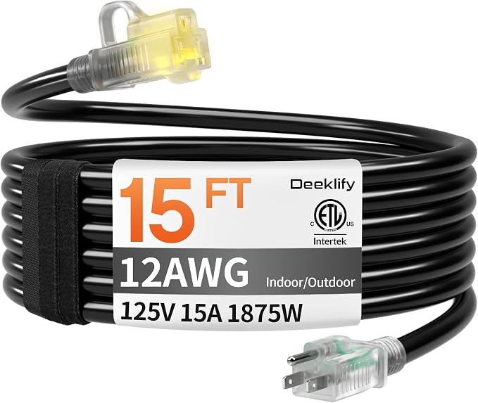 12AWG 15 FT Heavy Duty Outdoor Extension Cord Waterproof with Lighted End,Black 12 Gauge Extension Cord Flexible and Cold Resistant 3 Prong Grounded Plug,15Amp 1875W SJTW ETL Listed