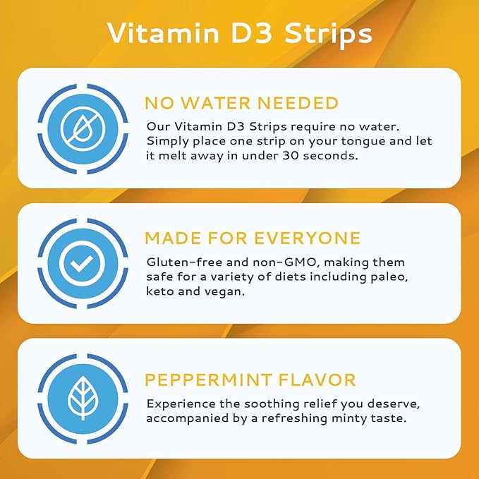 Bandes de vitamine D3 30 unités | Bandes de vitamine D3 orales solubles de 2000 UI | Fondent sur votre langue en 30 secondes | Goût menthe poivrée | Renforce l'immunité et améliore la concentration mentale avec la vitamine D3 2000