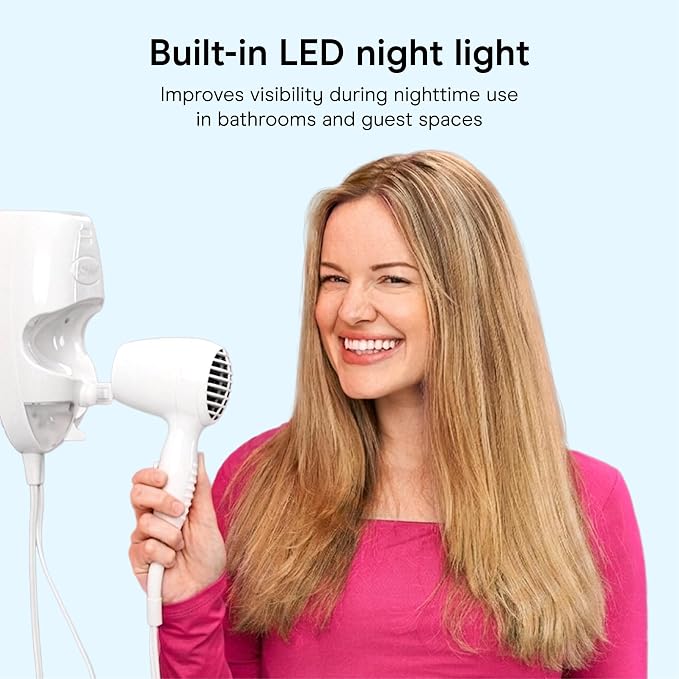 Conair Wall Mount Hair Dryer | Space-Saving Wall Mount Design with LED Night Light, 1600W, for Fine, Medium, and Thick Hair, White, 134L