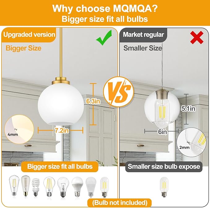 2 Pack 22"-50" Height Adjustable Glass Pendant Lights Kitchen Island, Globe Brushed Gold Pendant Lights with Milk Glass Shade, Mid Century Pendant Light Fixtures Kitchen Pendant Lighting over Island