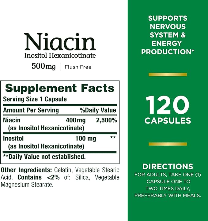 Nature's Bounty Niacine 500 mg sans rougeurs, soutien de l'énergie cellulaire, soutient la santé du système nerveux, 120 gélules (lot de 3)