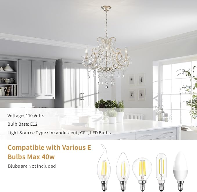 Crystal Chandelier, 5-Light Modern Chandelier for Dining Room Light Fixture, Nickel Finish Pendant Ceiling Light Fixture, Modern Candle Chandelier for Living Room Kitchen Island Entryway Bedroom