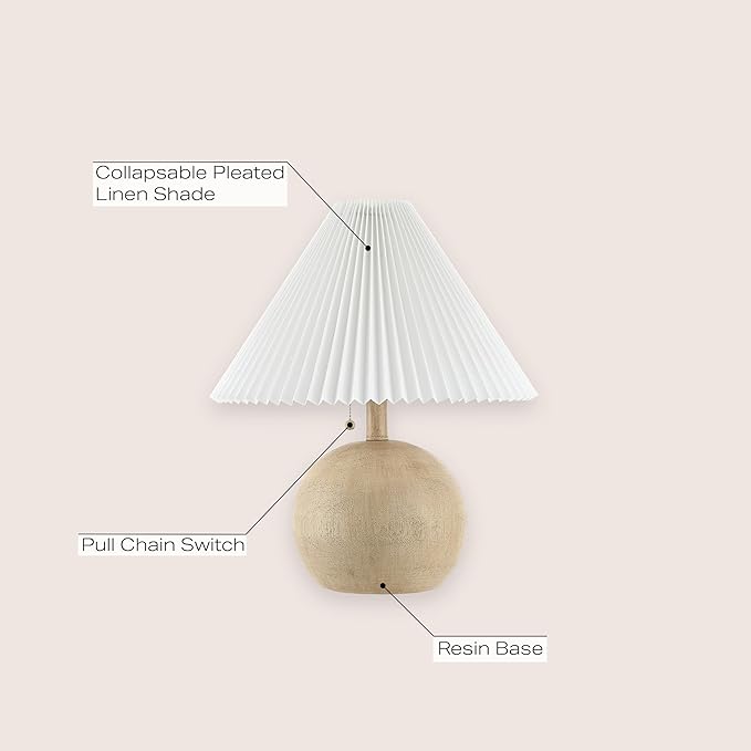 JONATHAN Y 17.25" Beige Wood Finish/White Sphere Table Lamp, Mid-Century Bedside Nightstand with Beige Pleated Linen Shade, Scandinavian Coastal Style, LED Bulb Included (JYL1145B)