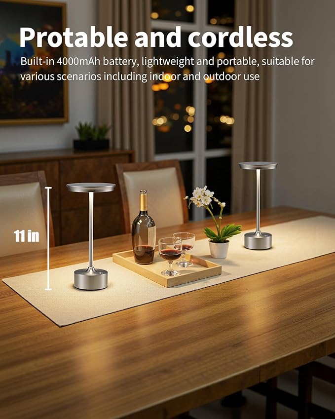 PUSU Rechargeable Table Lamps Set of 2, Nickel Cordless LED 4000mAh Battery Desk Lamp, Stepless Dimming & 3 Color 2700K-6000K, Portable Lamp for Bedroom, Living Room, Restaurant, Outdoor, Night Light