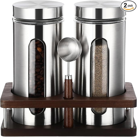 Suclain Stainless Steel Coffee Grounds Canisters with Shelf 2 x 50oz Sugar Coffee Bean Storage Container with Airtight Threaded Lid Glass Window Scoop Kitchen Jar Set for Bar Creamer Nut Tea