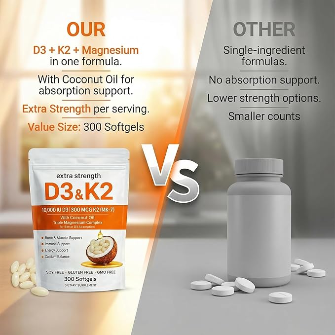 Vitamin D3 K2 Magnesium Complex, Extra Strength D3 & K2 with Triple Magnesium Softgels, D3 K2 Vitamin 10000 IU Softgels(1)