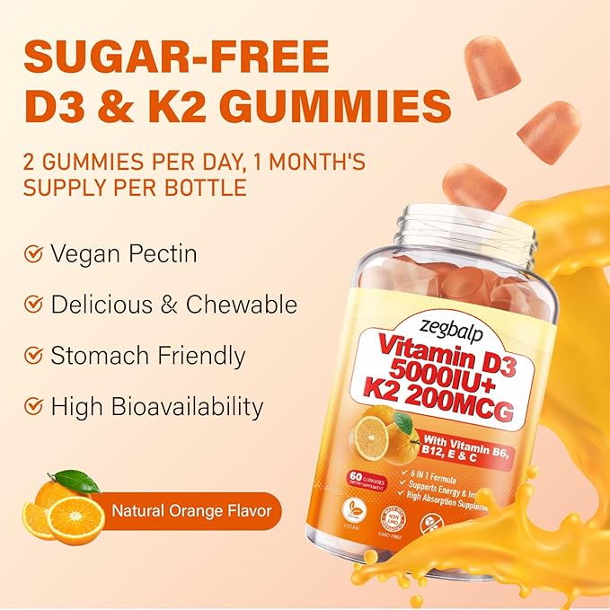 2 paquets de gommes Vitamine D3 K2 pour adultes, complément sans sucre Vitamine D3 5000UI + K2(MK-7) 200mcg avec complexe Vitamine B & Vitamine C E Soutient les os, les muscles, les dents & le système immunitaire, végétalien, sans gluten