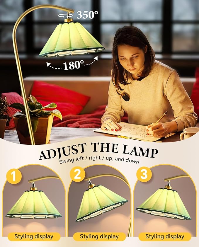 Floor Lamp with Pleated Linen Lampshade, Modern Flower Floor Lamp for Living Room Arc Standing Lamp, Gold Tall Lamp for Bedroom Office Dining Room, Bulb Included (Gold + Green, 65IN)