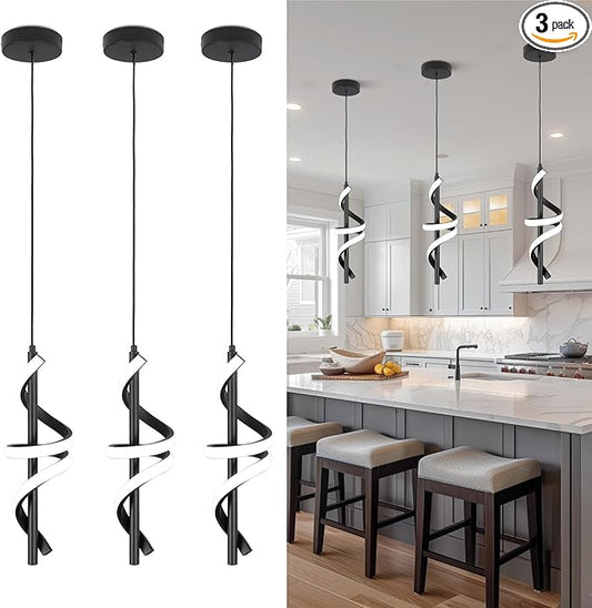 Spiral Led Pendant Light Fixtures, 5500K Cold White Modern Led Pendant Light Kitchen Island, Adjustable Height Kitchen Island Lights Fixtures for Dining Room Kitchen Bedroom Sink, 3 Packs