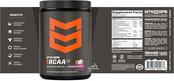 MTN OPS BCAA Powder 2:1:1 Amino Acids Supplement Powder for Rapid Muscle Recovery & Repair with Zero Sugar & Gluten Free - 30 Servings, Strawberry Dragonfruit