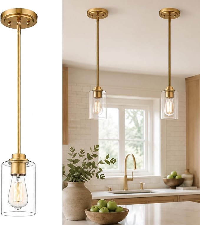 Pendant Lights Kitchen Island, Farmhouse Gold Pendant Lighting with Clear Glass Shade, Kitchen Pendant Lighting Over Island for Dining Room Entryway, AD-22281-1P-GD-C