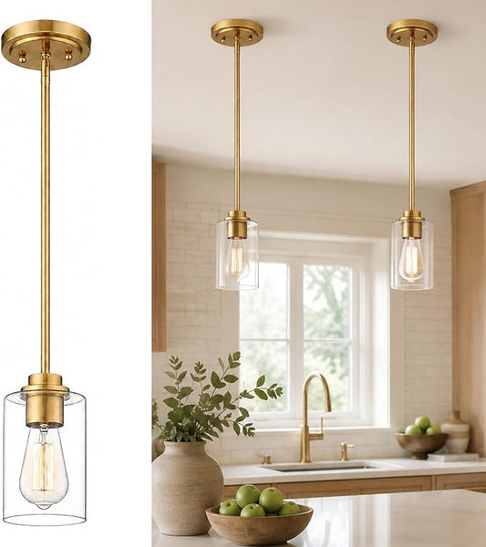 Pendant Lights Kitchen Island, Farmhouse Gold Pendant Lighting with Clear Glass Shade, Kitchen Pendant Lighting Over Island for Dining Room Entryway, AD-22281-1P-GD-C