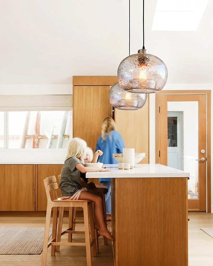 CASAMOTION Handblown Glass Pendant Lighting Drop Ceiling Lights, Modern Rustic Hanging Light Clear Seeded Glass with Black Marble, Brushed Nickel Finish, 8.7 Inch Diameter