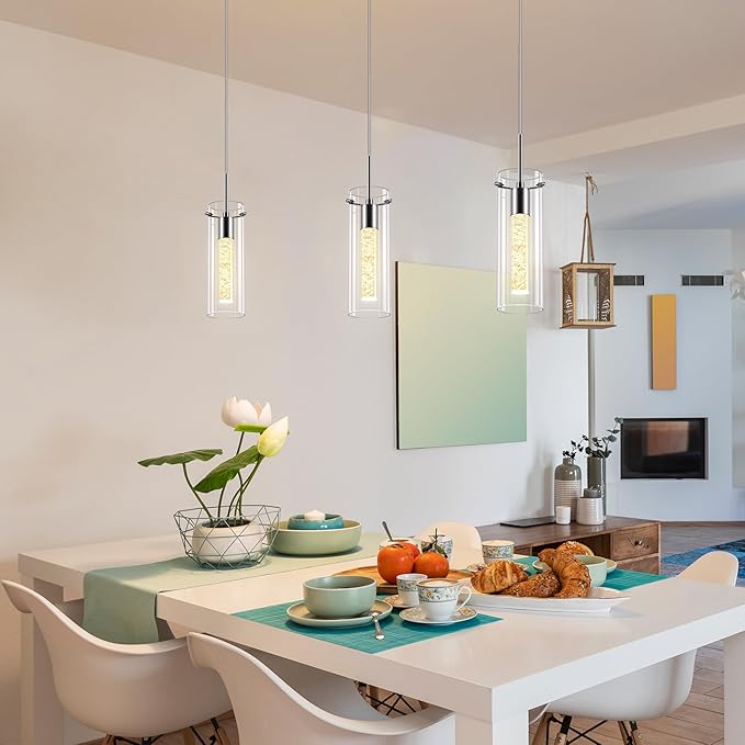 Pendant Ceiling Light Fixture, 2700K Pendant Lights for Kitchen Island Crystal Pendant Light Brushed Nickel, 1 Pack Integrated Kitchen Hanging Light Fixture Modern Island Light with Clear Glass