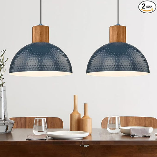 ELYONA Modern Hammered Pendant Light Fixtures with 12" Metal Shade Solid Wood Dome Hanging Pendant Light for Farmhouse Kitchen Island Dining Room Sink Bedroom Hallway Medium 2 Pack Blue
