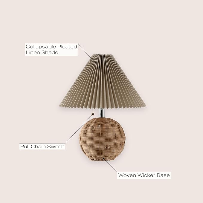 JONATHAN Y 17.25" Natural/Chrome/Dark Beige Sphere Table Lamp, Mid-Century Bedside Nightstand with Beige Pleated Linen Shade, Scandinavian Coastal Style, LED Bulb Included (JYL1145C)