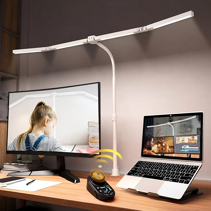 Adjustable LED Desk Lamp with Clamp, 4-Head Eye-Caring CRI95+ Desk Light, Stepless Dimming & Color Temp Remote Control, Flexible Neck, 5-Mode for Reading, Computer, Crafting, 90" Wide Desk Coverage