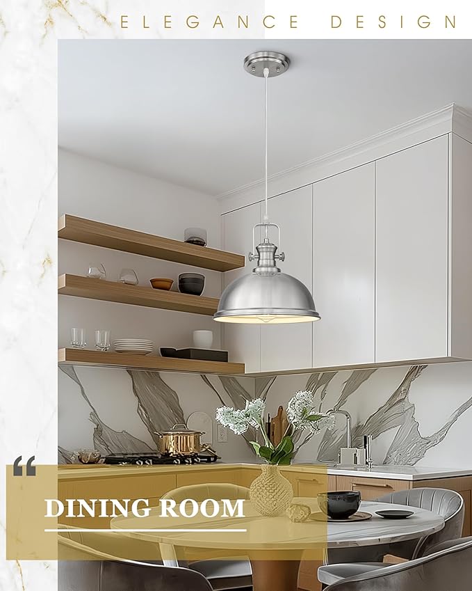 Pendant Lights Kitchen Island, Farmhouse Hanging Lights Fixtures with Metal Shade, Rustic Kitchen Pendant Lighting Over Island for Dining Room, Brushed Nickel, AD-2151-1PL-SN