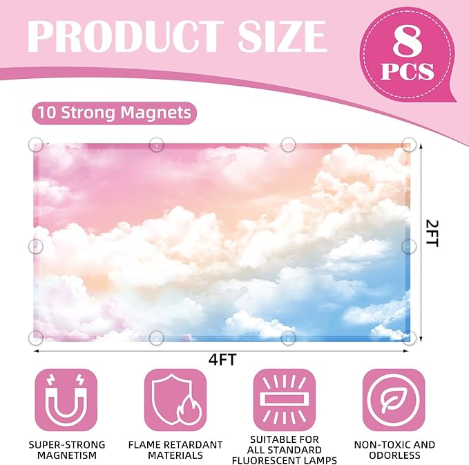 ANGSYLTH 8 Pcs Fluorescent Light Covers - 4 x 2 Feet Covers for Ceiling Lights, 8 x 10 Magnetic Light Filters for Classroom, Office, Hospitals (Rainbow)
