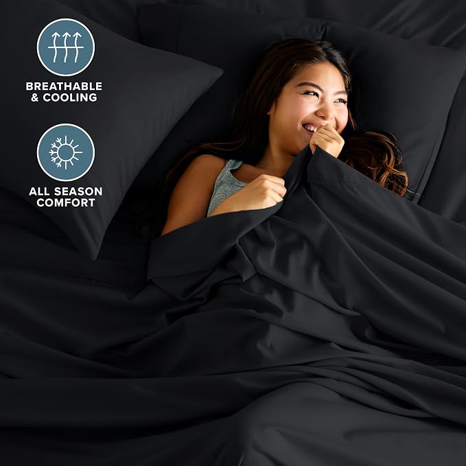 Bare Home Split Head Flex King Sheet Set - 1800 Ultra-Soft Microfiber Bed Sheets - Double Brushed - Deep Pockets - Easy Fit - 4 Piece Set - Bedding Sheets & Pillowcases (Black)