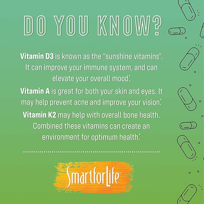 Complément de vitamines ADK Smart for Life - Vitamines ADK à haute puissance - Vitamine D3, Vitamine K2 et Vitamine A - Soutient la santé des os et du cœur - 5 000 UI Vitamine A - 5 000 UI Vitamine D3 - 500 mcg Vitamine K2