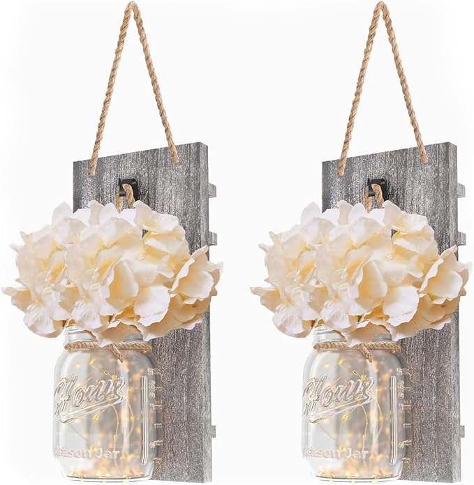 Anount Mason Jar Sconces,Besuerte Rustic Wall Decor Set of Two,LED String Lights for Modern Living Room, Home Decor Living Room Wall Art, 6 Hour Timer Set of 2 Grey (11" H x 4.3" W)