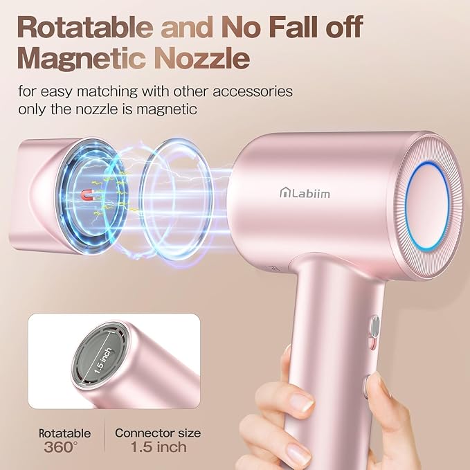 Labiim Hair Dryer, High-Speed Ionic Blow Dryer 110,000 RPM Brushless Motor for Fast Drying, 200M Ions Frizz & Thermo-Control HairDryer with Magnetic Nozzle, Quiet Compact for Home Travel, Pink