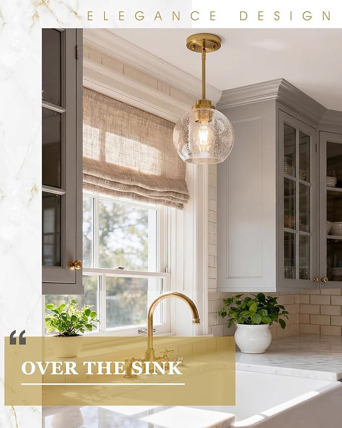 2-Pack Pendant Lights Kitchen Island, 7" Modern Brushed Gold Hanging Lights Fixtures with Clear Seeded Glass Globe Shade, Kitchen Island Lighting for Bathroom, AD-22280-1P2-GD-S