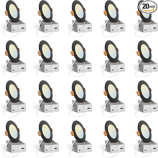 Amico 20 Pack 4 Inch 5CCT Ultra-Thin LED Recessed Ceiling Light with Junction Box, 2700K-5000K Selectable, 12W Eqv 110W, Dimmable Can-Killer Downlight, 1050LM Wafer Lighting, Black-ETL