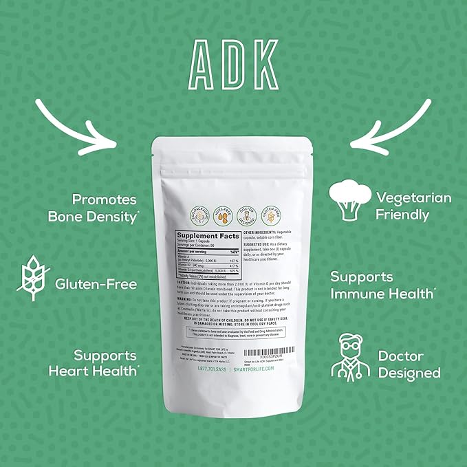 Complément de vitamines ADK Smart for Life - Vitamines ADK à haute puissance - Vitamine D3, Vitamine K2 et Vitamine A - Soutient la santé des os et du cœur - 5 000 UI Vitamine A - 5 000 UI Vitamine D3 - 500 mcg Vitamine K2