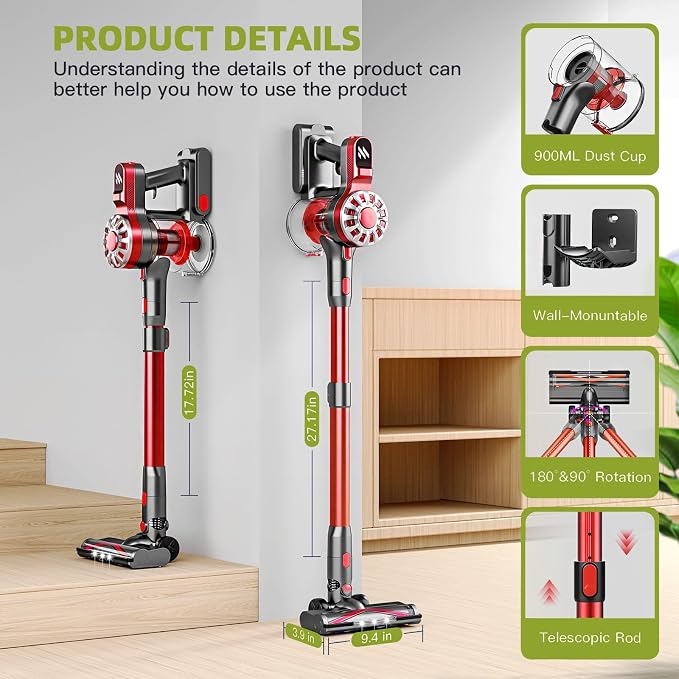 WLOTPO Cordless Vacuum Cleaner for Home,Lightweight Stick Vacuum Cordless Rechargeable with Power Suction, Up to 35 Mins Runtime, Hardwood Floor Vacuum for Pet Hair,Carpets,Tile(Ruby Red)