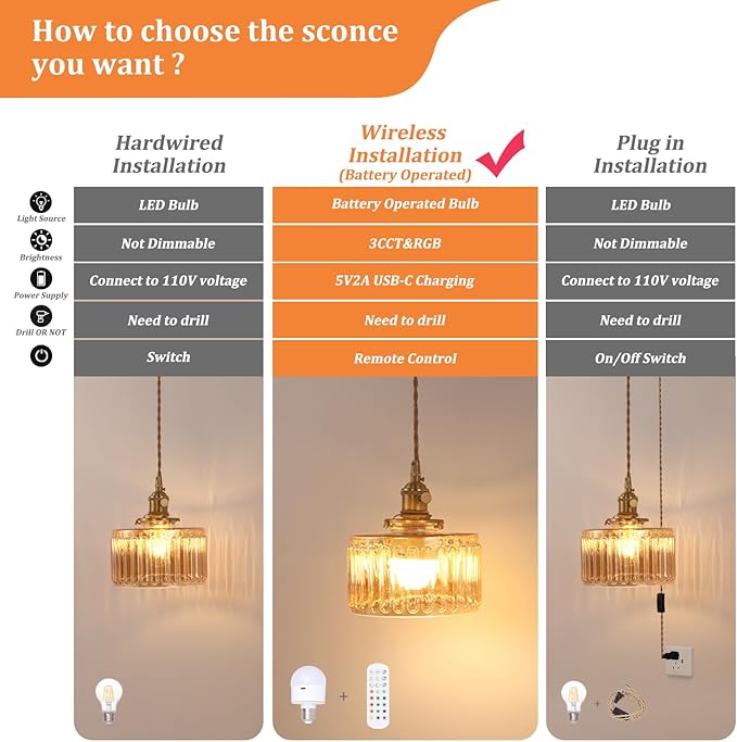 Shenmoyl Battery Operated Pendant Light 5000mAh Rechargeable Chandelier with Remote Control Wireless Adjustable Hanging Amber Striped Light for Kitchen Island Dining Room Hallway
