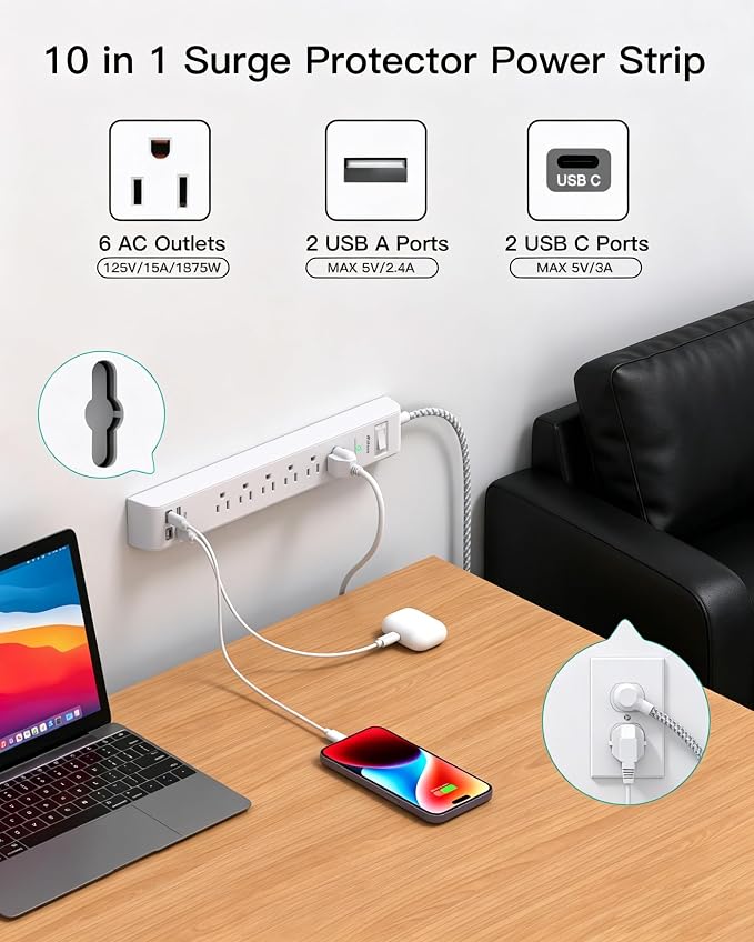 2 Pack Power Strip, Extension Cord 3FT, Surge Protector with 6 Outlets and 4 USB Ports (2 USB C), Flat Plug Overload Protection, Extension Cord with Multiple Outlets, Wall Mount for Home Dorm College