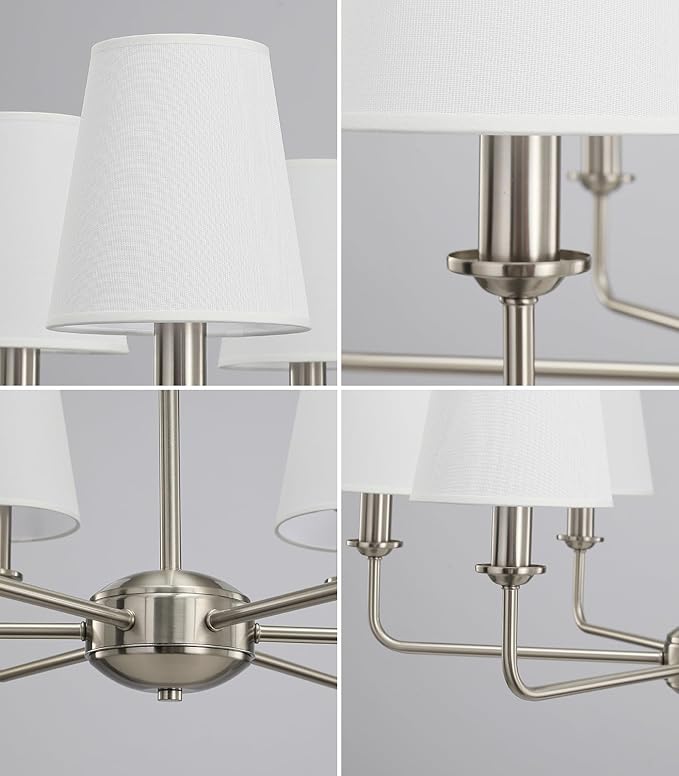 6-Light Brushed Nickel Chandelier with White Fabric Shades, E12 Base Modern Farmhouse Ceiling Light Fixture for Dining Room, Living Room, Bedroom, Kitchen, Foyer, Adjustable Hanging Rod.