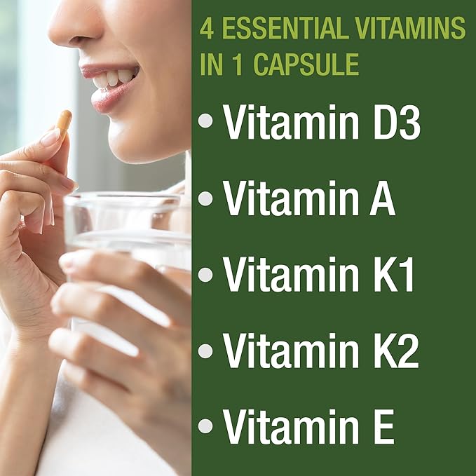 Vitamines D haute performance 5 000 UI + A + K + E, tout en 1 seule capsule végane facile à avaler. Supplément de vitamines ADK avec E D3 K2. Vitamines essentielles pour l'humeur, le système immunitaire, les os, la vue, le cœur.