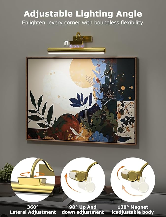 13" Aluminum Wireless Picture Lights for Wall, 5000mAh Rechargeable Battery Operated Wall Art Lighting, Dimmable 3-Color Gallery Painting Light for Pictures On Wall, with Remote/Timer [Gold, 1Pack]