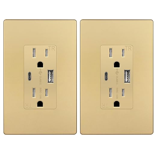 TOPGREENER USB Outlet, 4.2A Type C & Type A Wall Outlet, 15 Amp Tamper Resistant Receptacle Plug, Screwless Wall Plate Included, UL Listed, TU21536AC-GDWSI-2PCS, Gold, 2 Pack