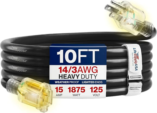 10ft Outdoor/Indoor Extension Cord 14/3 Gauge Heavy Duty 3 Prong SJTW, Waterproof, Flexible Cold-Resistant Long Power Cord,15A 125V 1875W, Black by LifeSupplyUSA