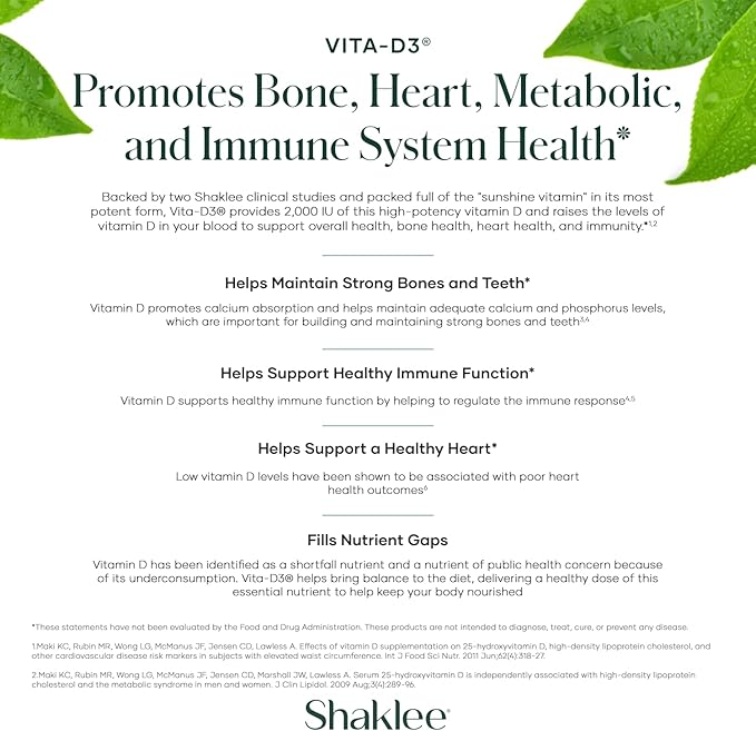 Shaklee - Vita-D3® 2 000 UI - Vitamine D3 haute puissance pour la santé des os, du cœur et du système immunitaire | Vitamine D, améliore l'absorption du calcium et le bien-être général | 1 comprimé par jour - 90 comprimés