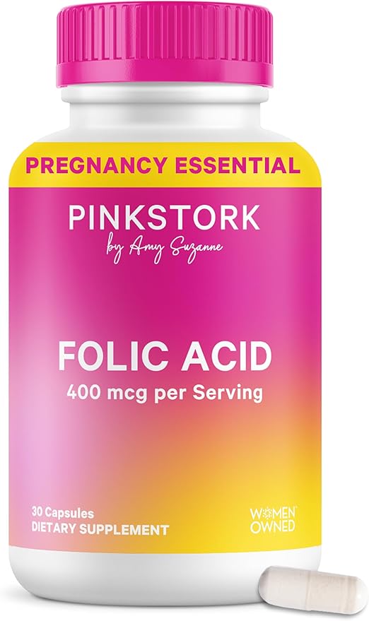 Pink Stork Folic Acid Supplement for Women – 400mcg, Daily Vitamin B9 for Prenatal & Fertility Support, Supports Red Blood Cell Formation & Energy – 30 Vegetarian Capsules